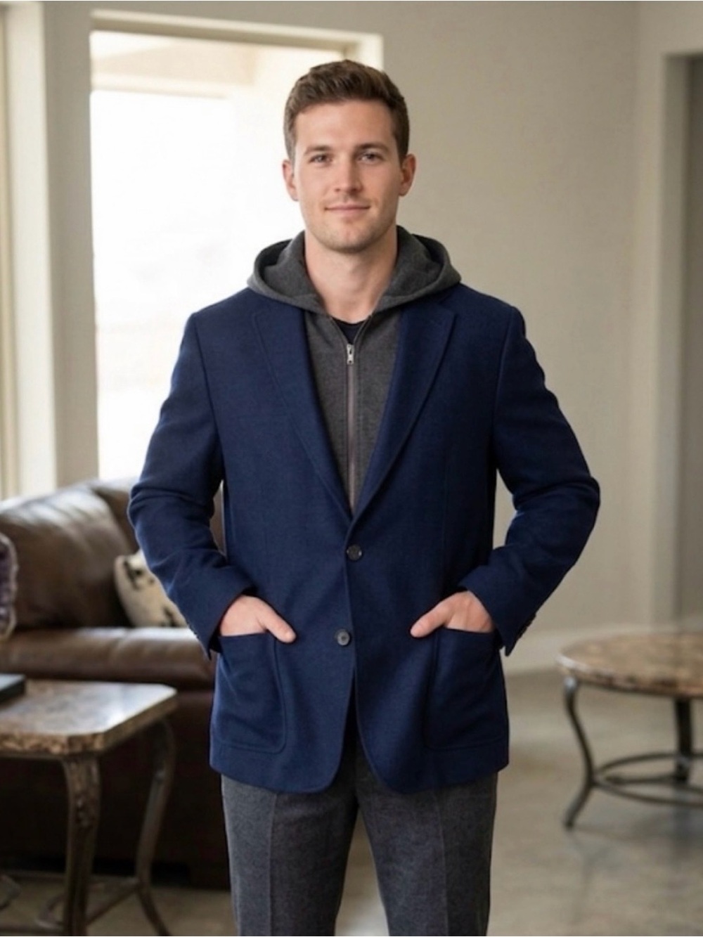 Daniele Alessandrini Navy Blue Tweed Blazer Black Hoodie Combo Size XS